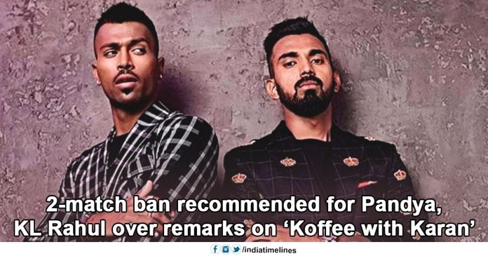 2-match ban recommended for Pandya over remark on ‘Koffee wid Karan’